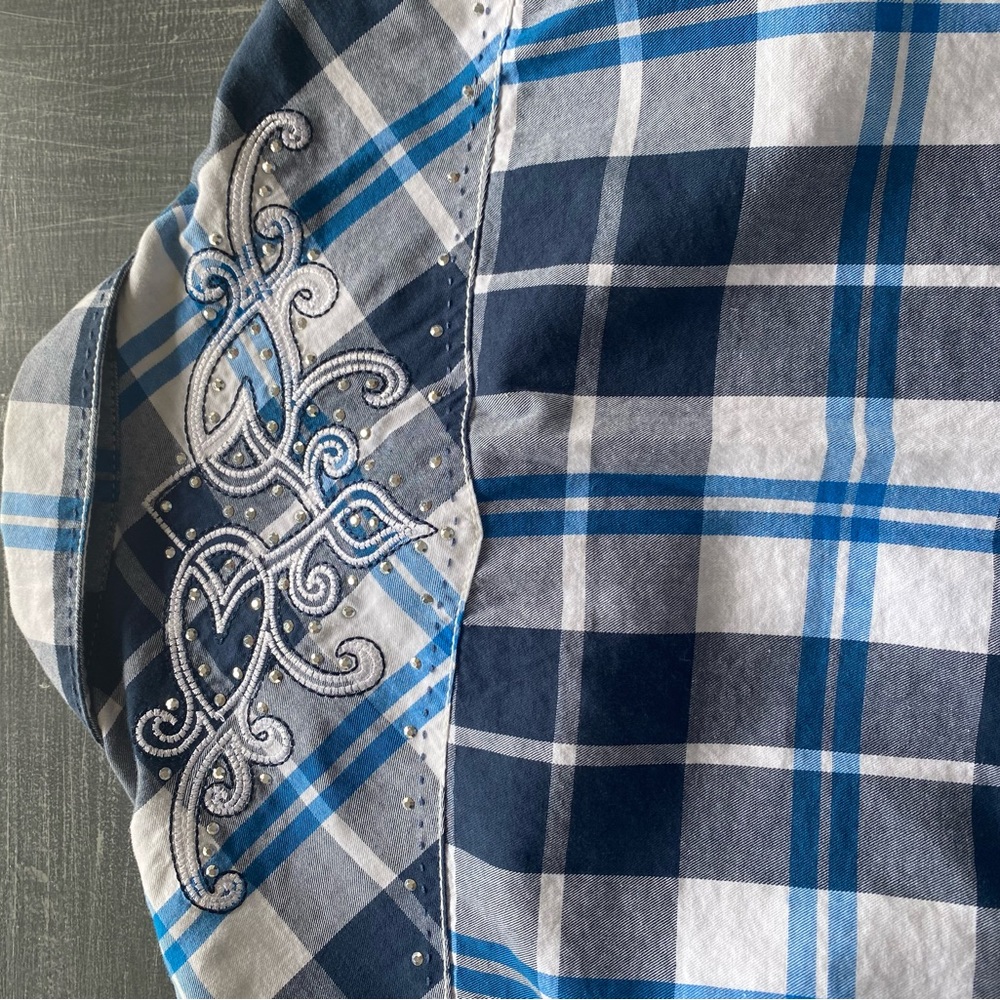 Cowboy Up western shirt blue grey white checkers size Medium